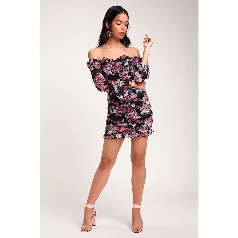 Lulus large Ruche Hour Navy Blue Floral Print Ruched Off-the-Shoulder Dress